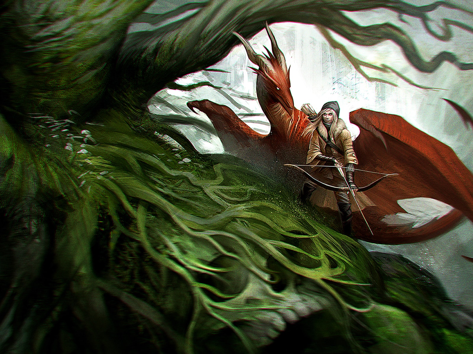 DigiPen BFA Kate Pfeilschiefter's painting of a dragon and a person with a crossbow in a tree