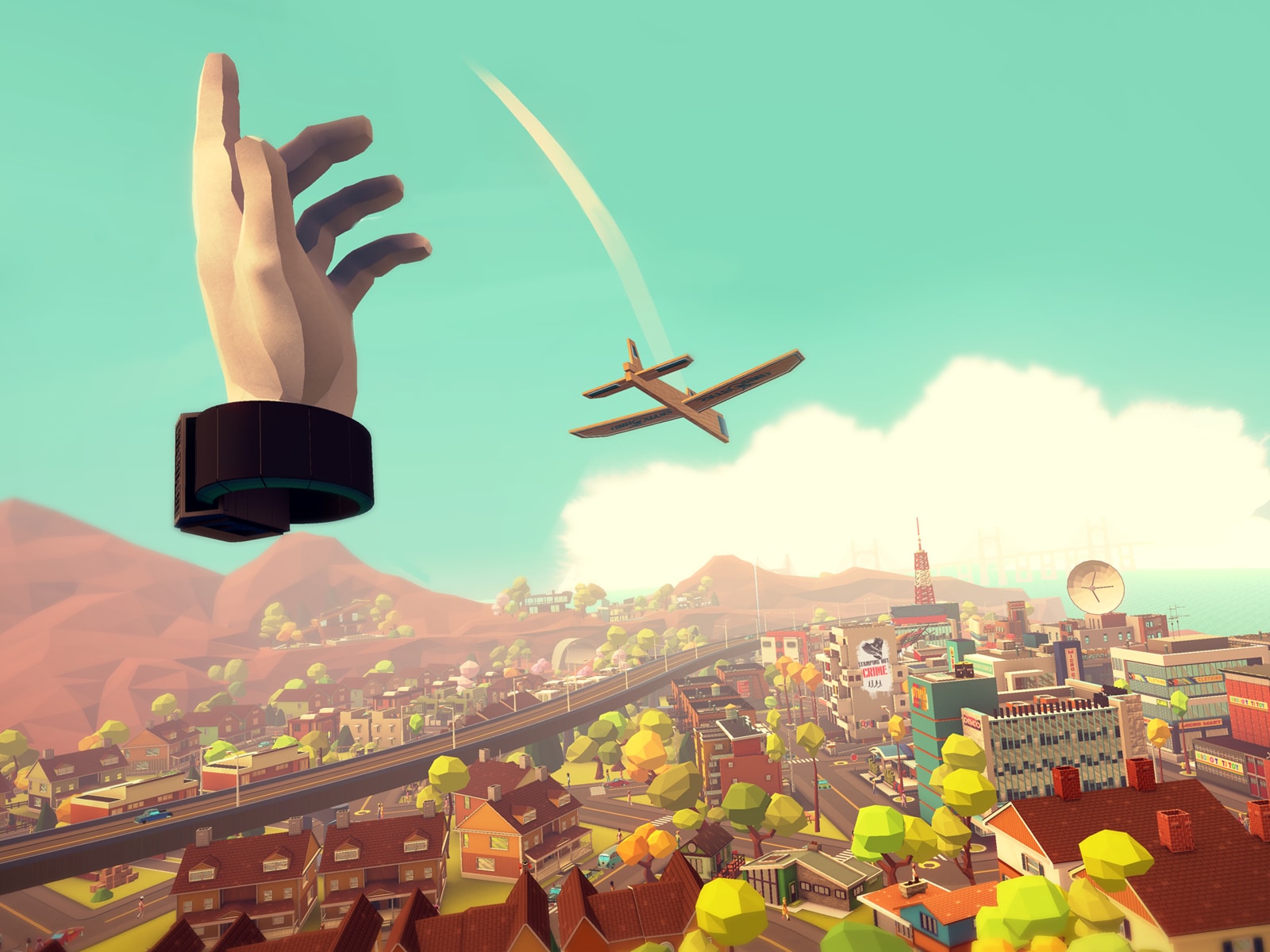 Screenshot from Giant Cop of a huge detached hand flinging a wooden airplane through the air