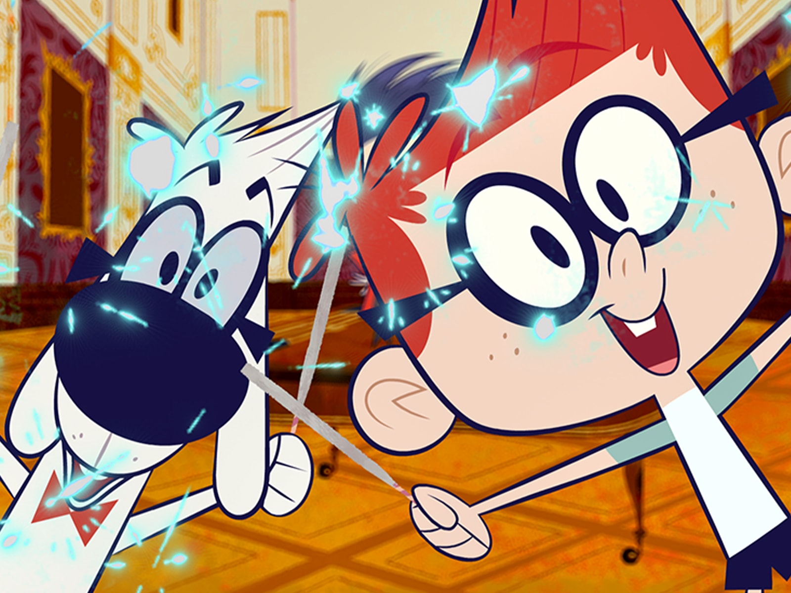Cartoon characters Mr. Peabody, a glasses-wearing dog, and his boy, Sherman