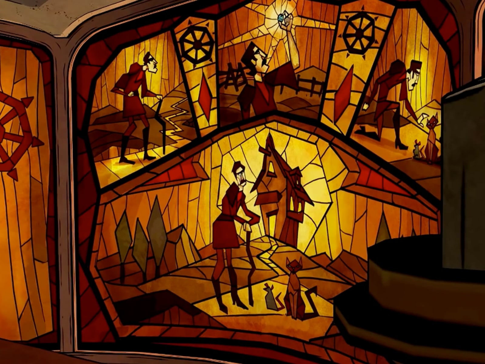 Screenshot of a stained glass window telling the backstory of villain The Crooked Man from The Wolf Among Us