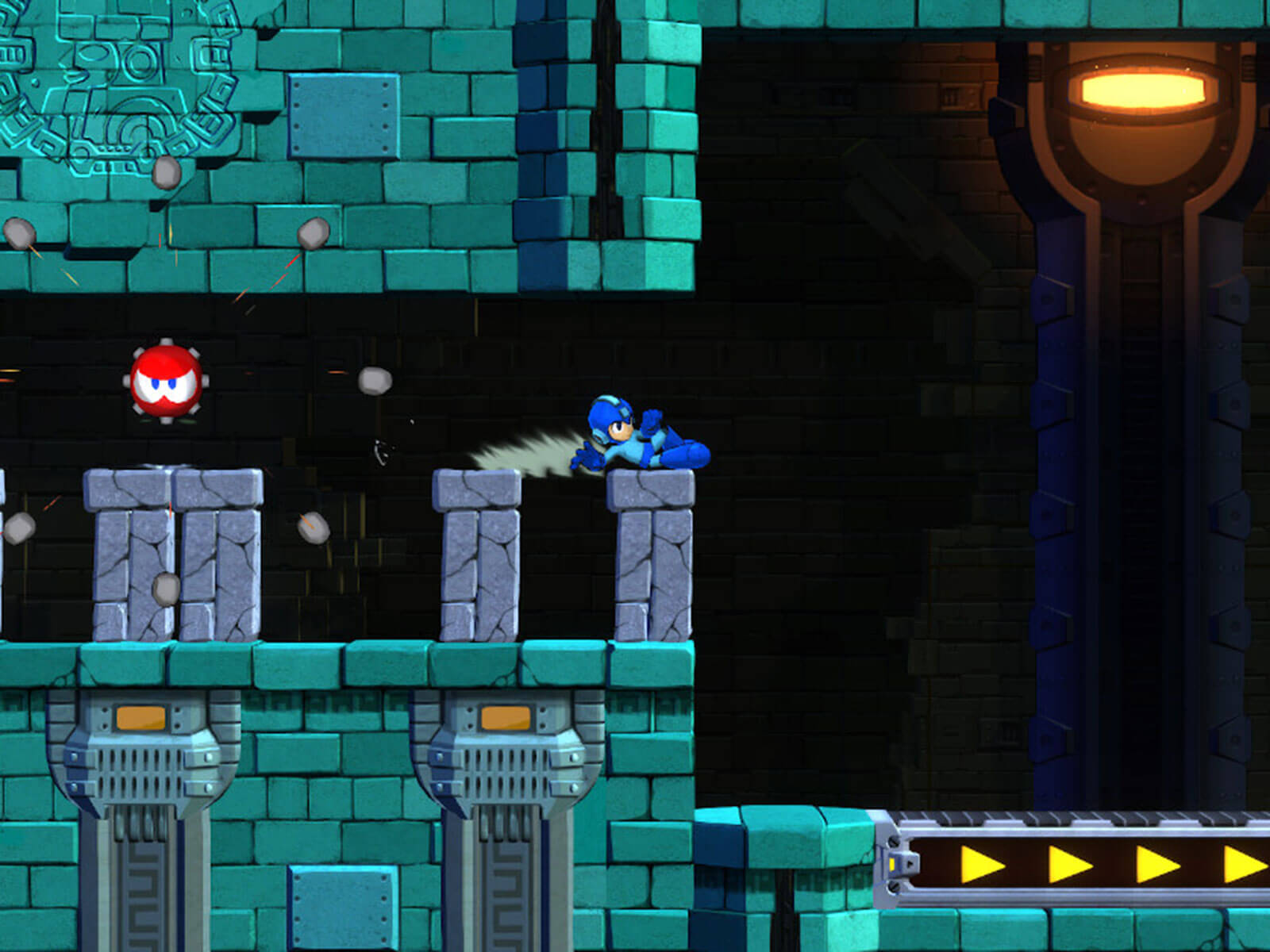 Mega Man 11 screenshot: Blue robot slides across a stone platform