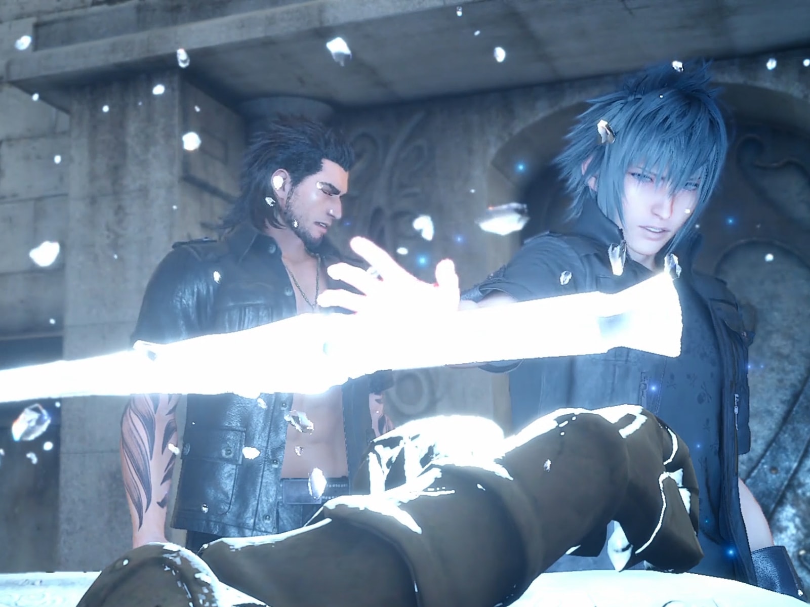 Screenshot from Final Fantasy 15, featuring main character Noctis Lucis Caelum and his friends