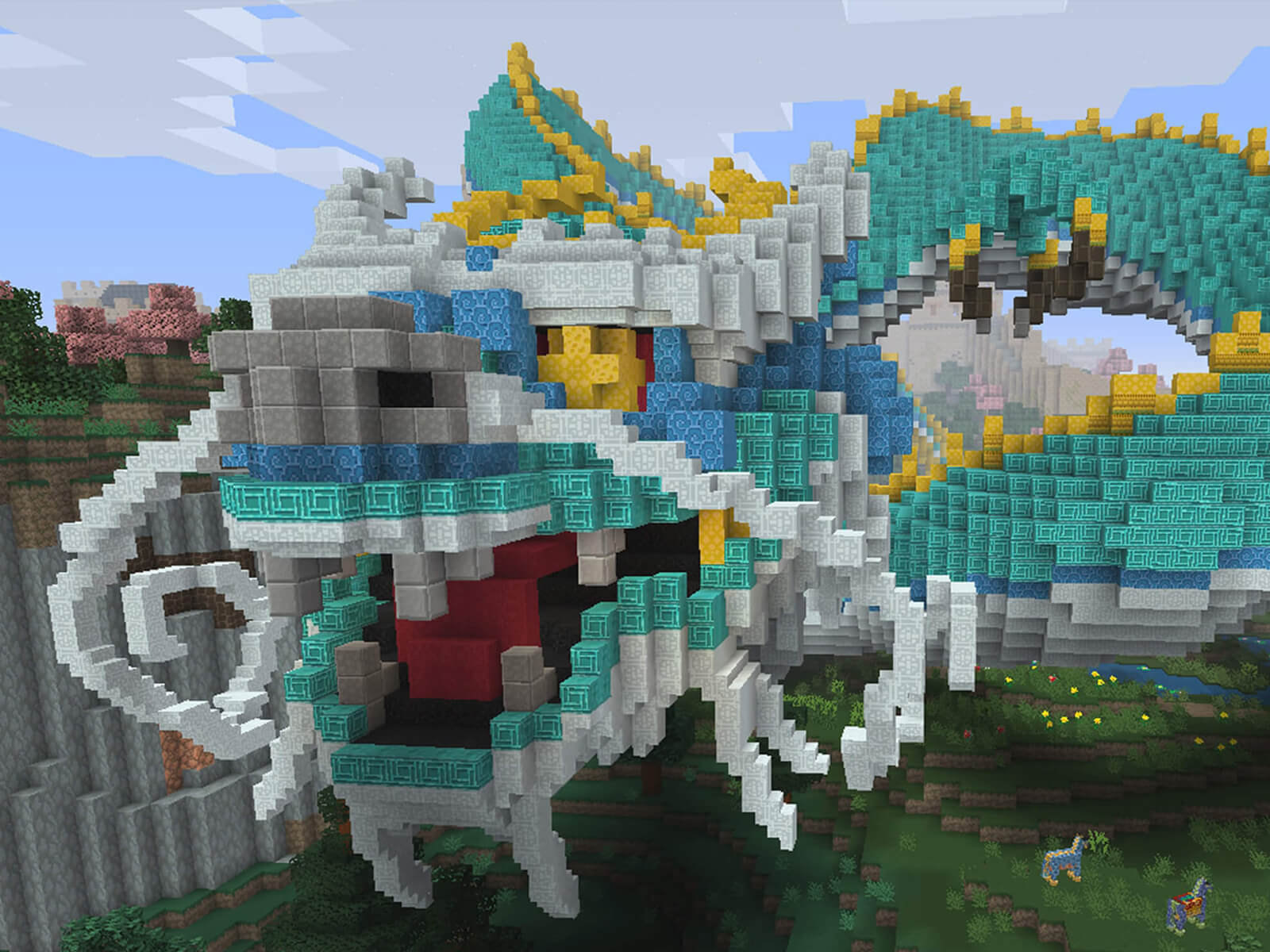 Screenshot of a huge Chinese-style dragon made out of blocks from Minecraft