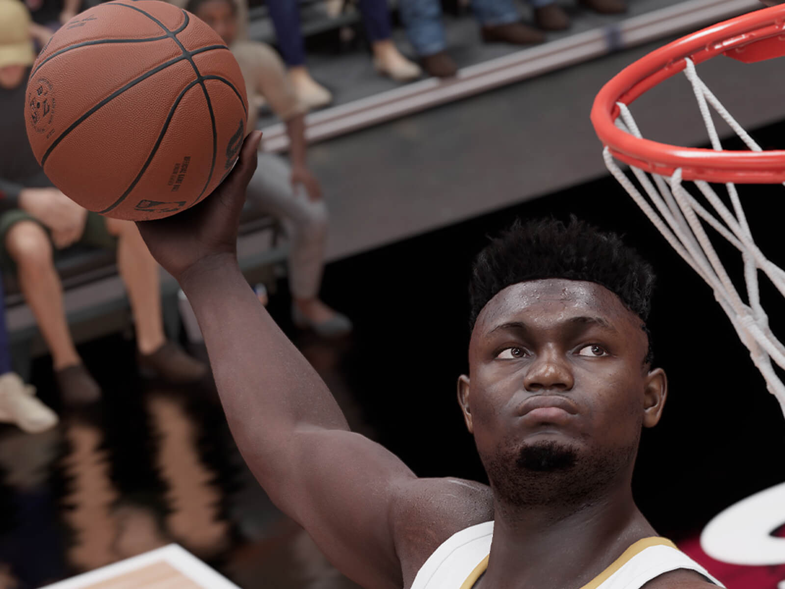 Zion Williamson from NBA 2K23 mid-air preparing to make a slam dunk.