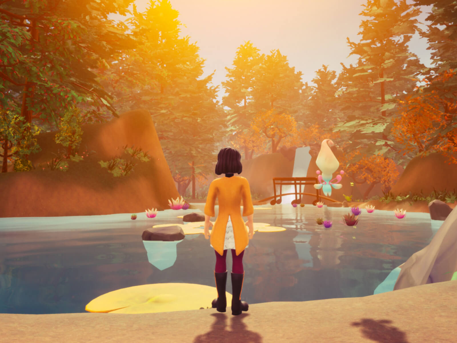 Renatta, hero of student game Lirica, overlooks a lake as the sun sets. 
