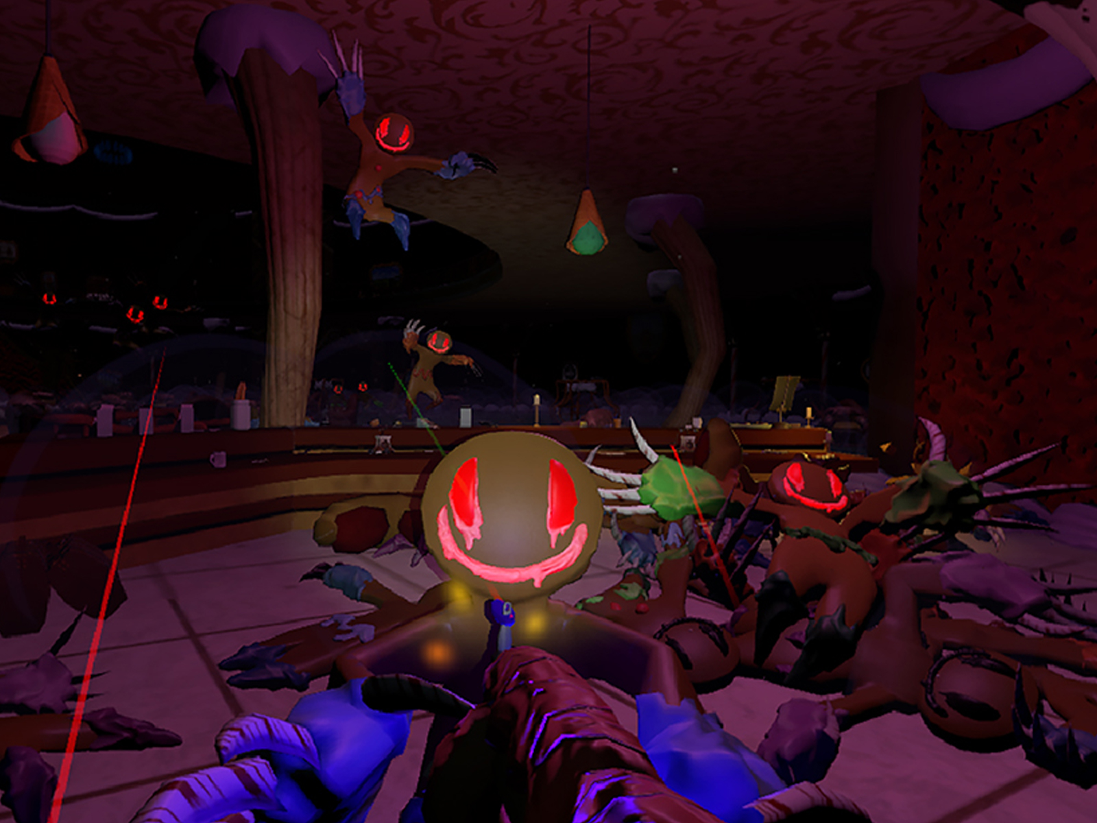 Evil gingerbread men coming out of the darkness in a screenshot from DigiPen student game Night of the Living Bread