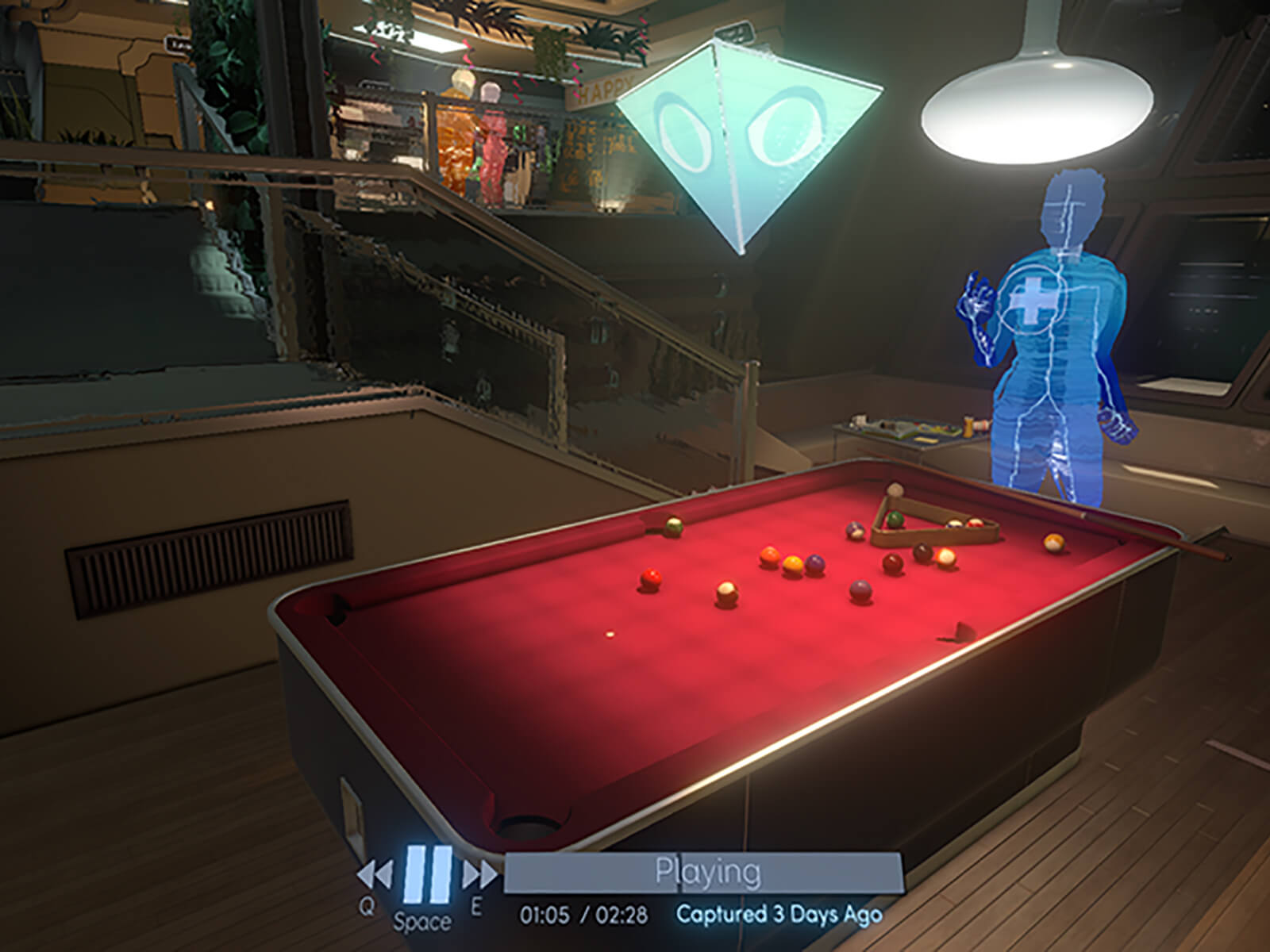 A faceless character plays pool in this screenshot from the Fullbright's Company's game Tacoma
