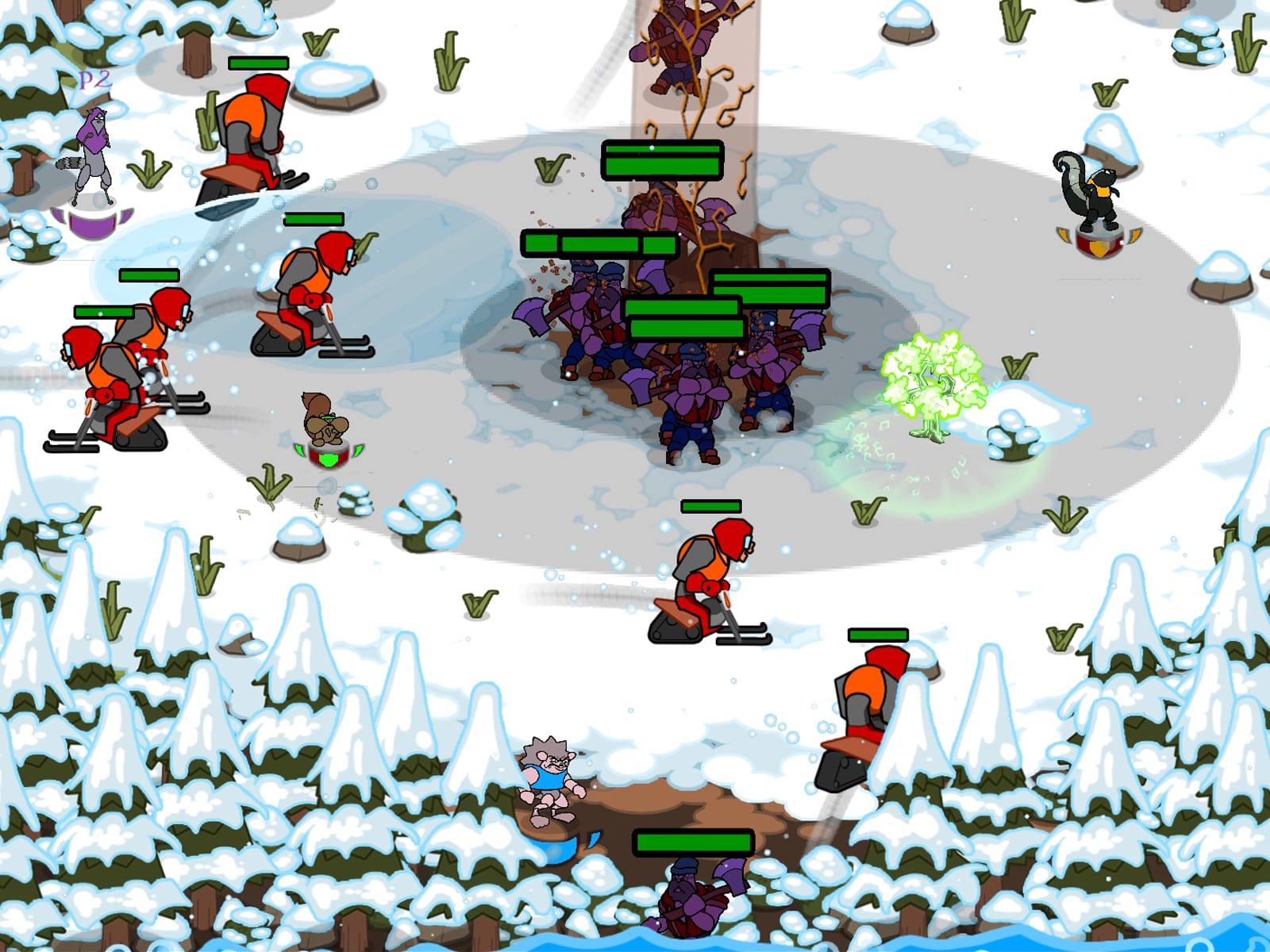 Screenshot featuring gameplay in a snowy forest from DigiPen student game N.U.T.S.: Forest FriendZ