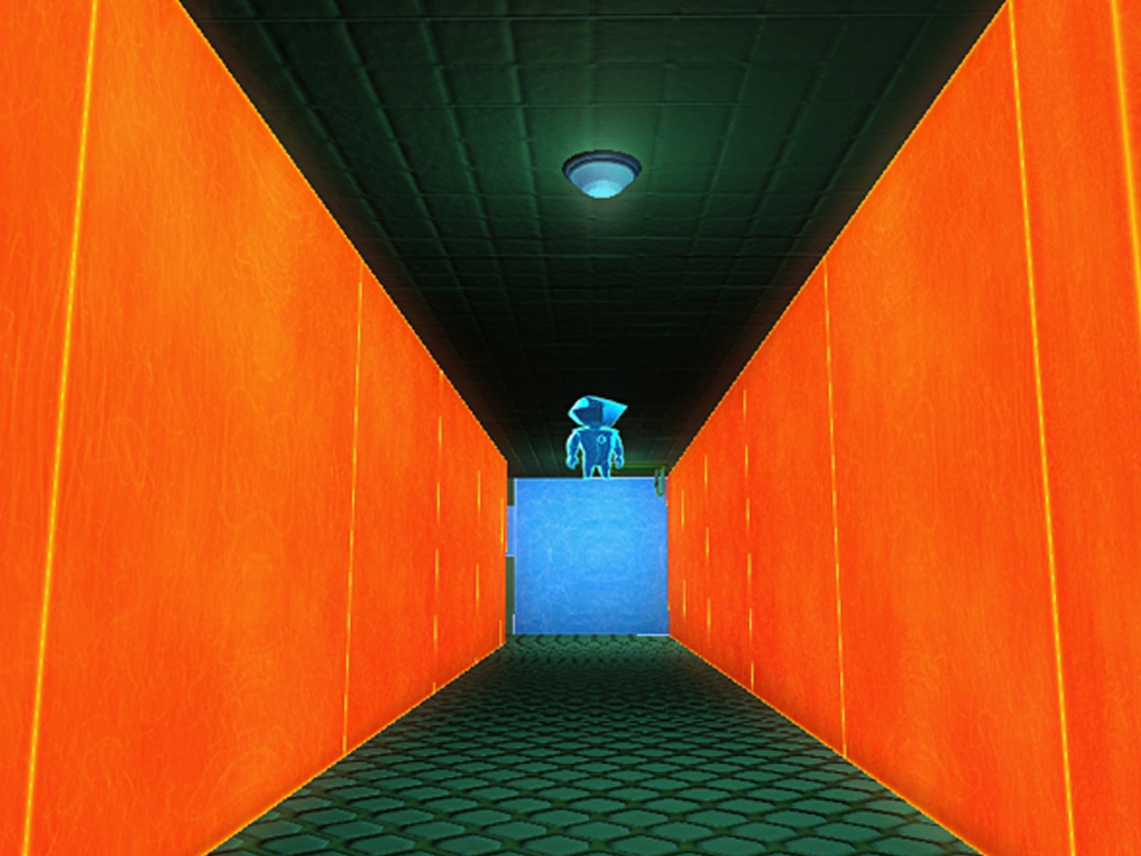Screenshot from DigiPen student game Perspective of a character gazing down an orange-walled hallway