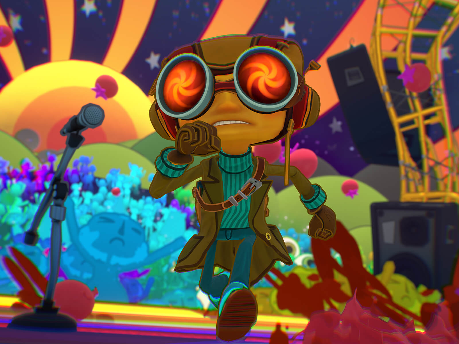 Raz from Psychonauts 2 runs across a colorful concert stage with a crowd behind him.