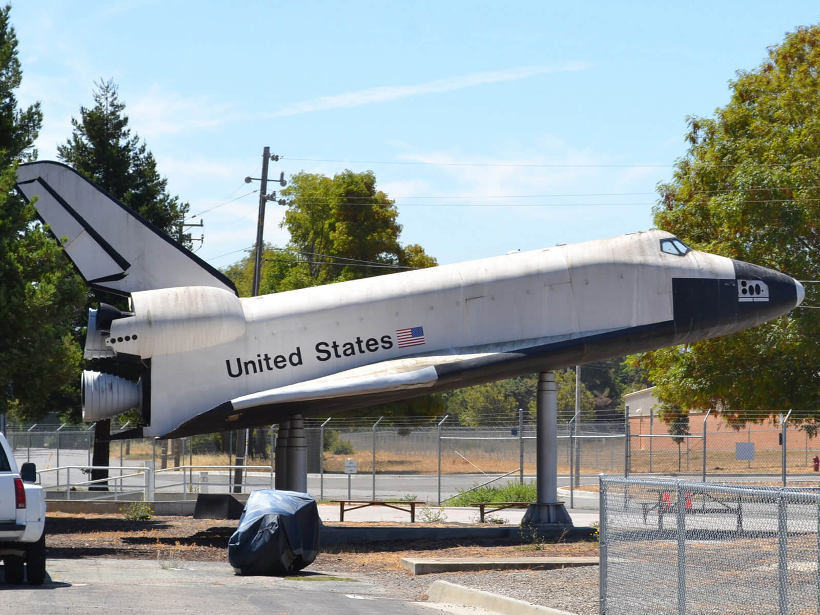 A model of a spaceship outside the NASA Ames Research Center.