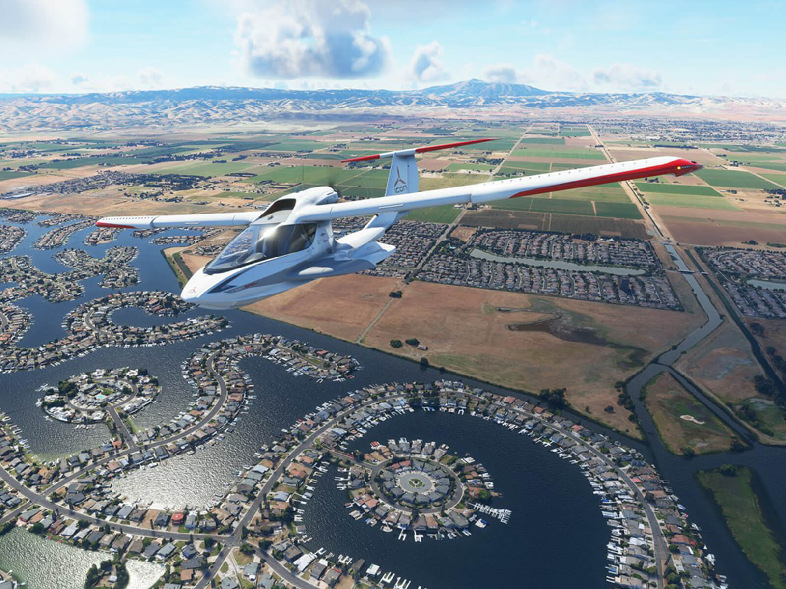 A screenshot from Microsoft Flight Simulator depicting a plane flying over fields and a lake.