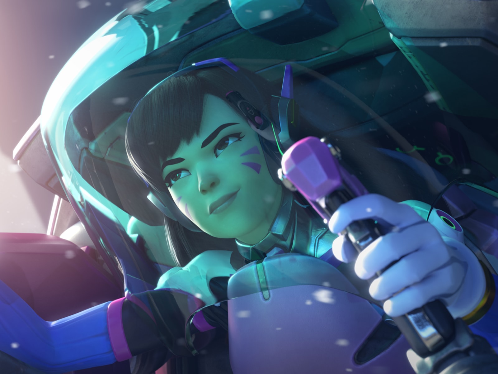 Screenshot of Overwatch character D.Va piloting her armored battle suit