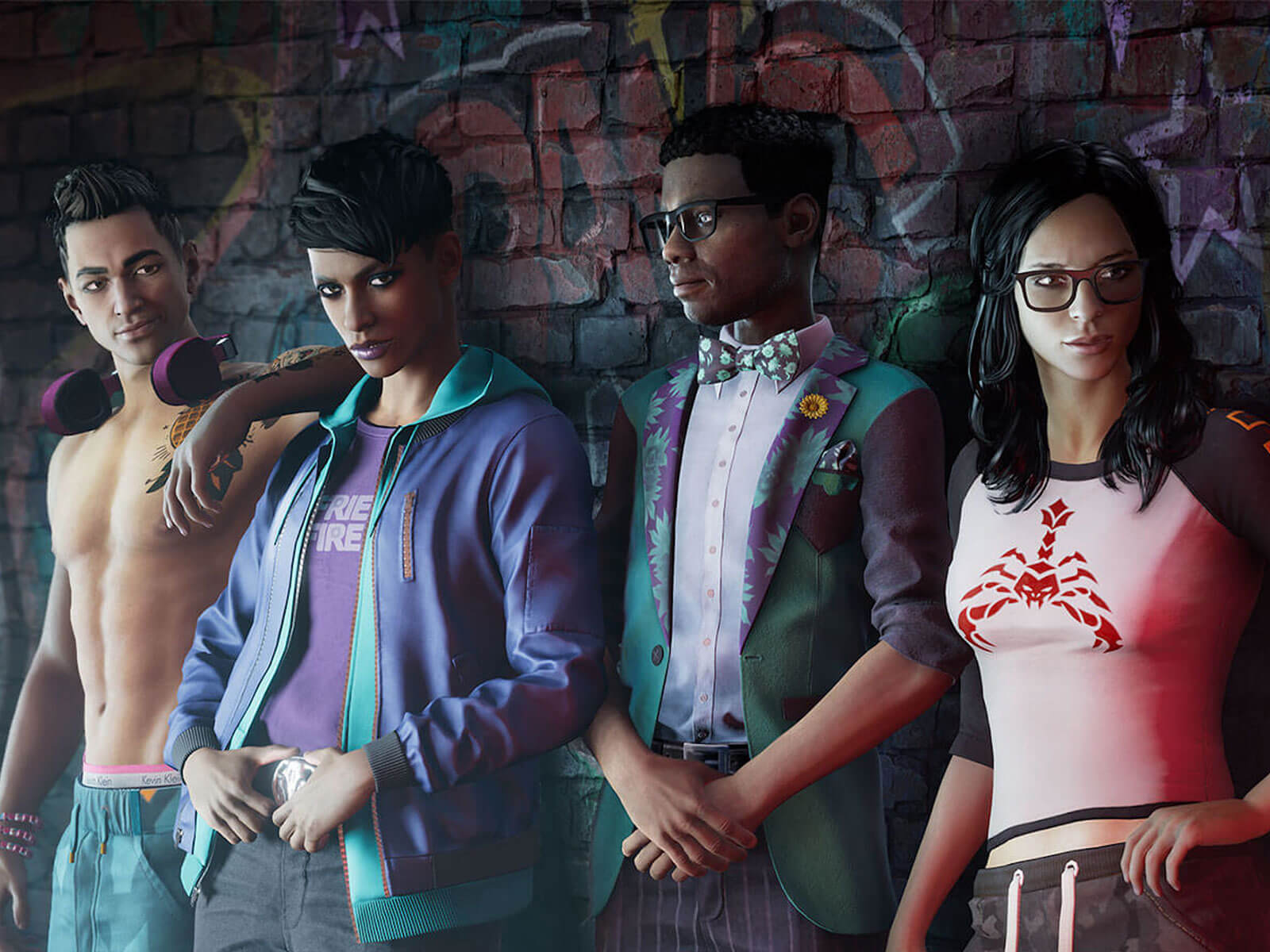Four Saints Row IV characters pose against a brick wall with graffiti on it