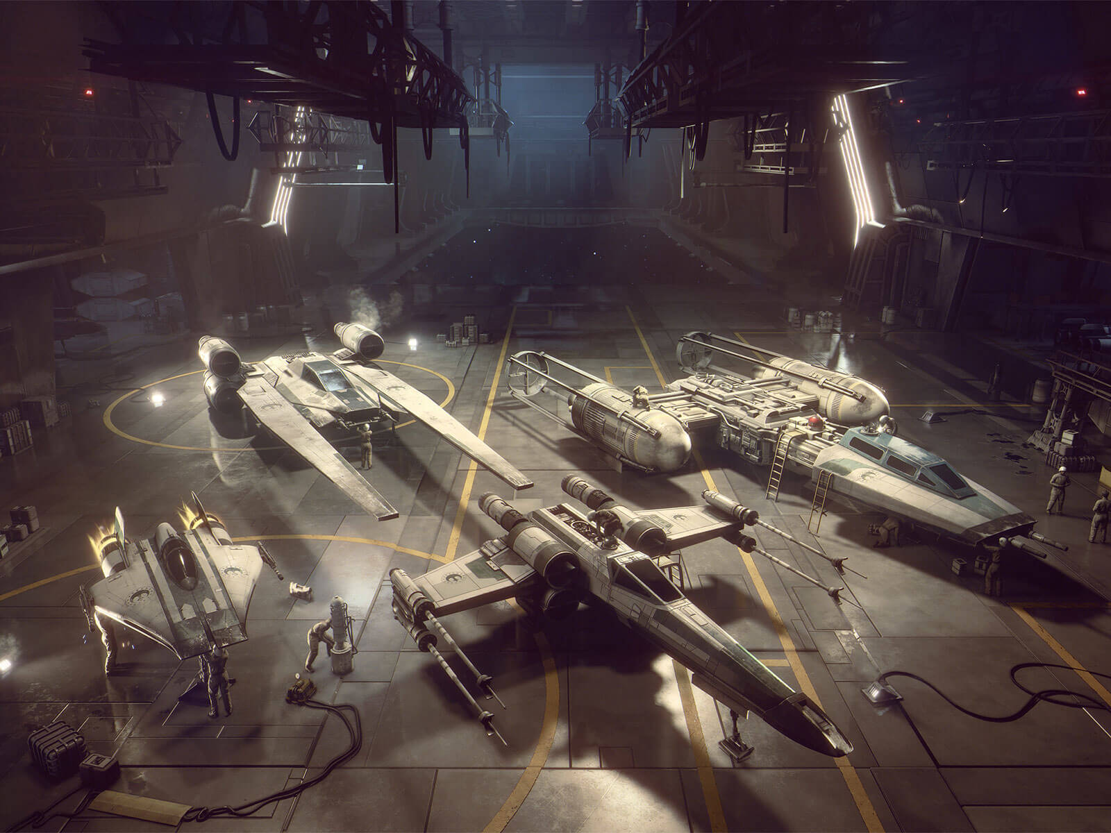 An X-Wing fighter and other Rebel Alliance ships sit in a hangar