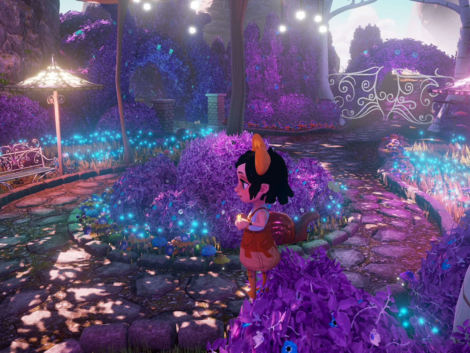 Screenshot from DigiPen student game Somnus of Melanie, a young girl in a magical garden rendered in shades of purple