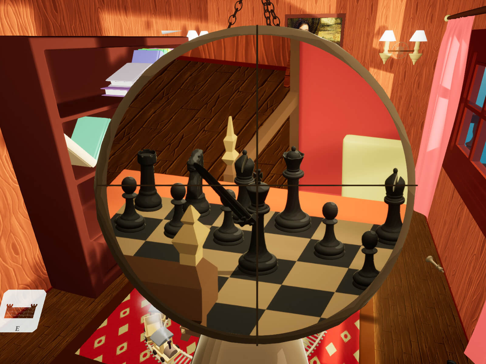 A rook looks at a king down the barrel of its sniper rifle in FPS Chess.