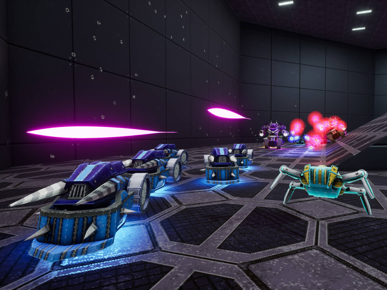 Game screenshot from OMFG: One Million Fatal Guns; room filled with deadly enemy robots