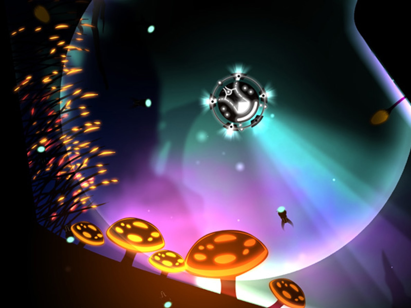 Screenshot from DigiPen student game SubRay of a vessel drifting through an underwater landscape filled with vegetation