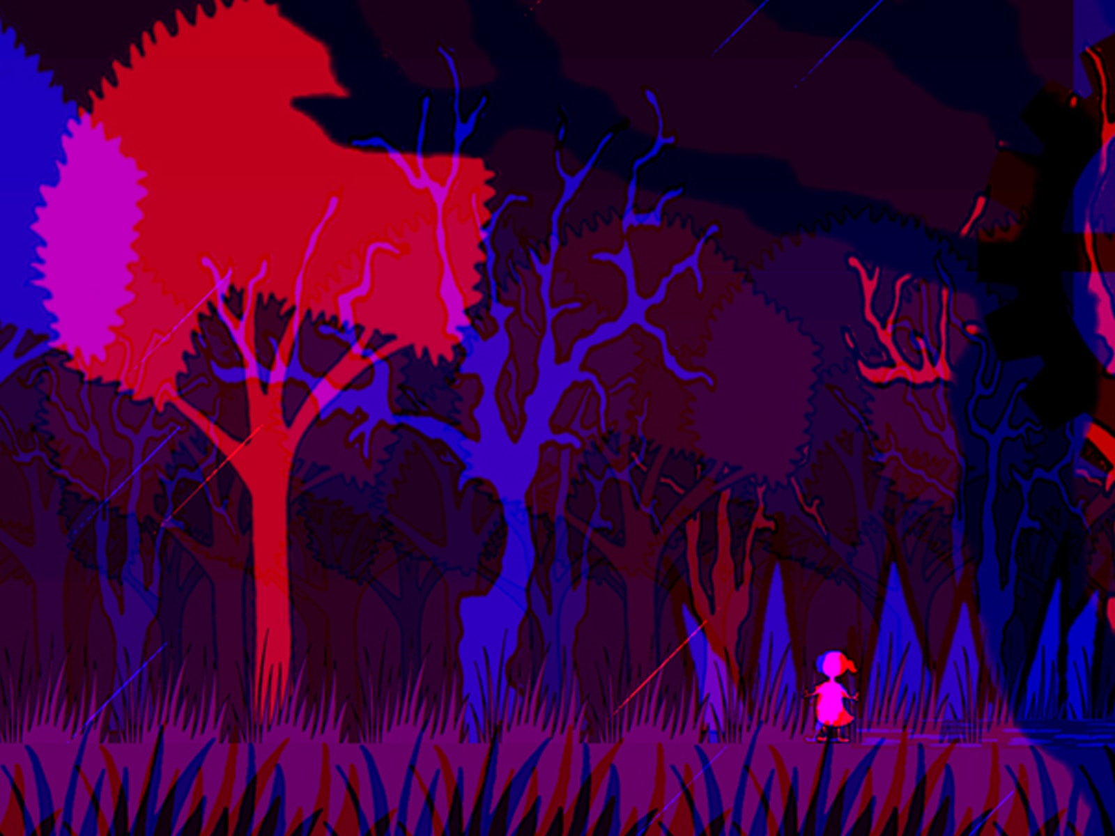 Screenshot from DigiPen student game Sunder of a small girl in a forest of blue, red and purple trees