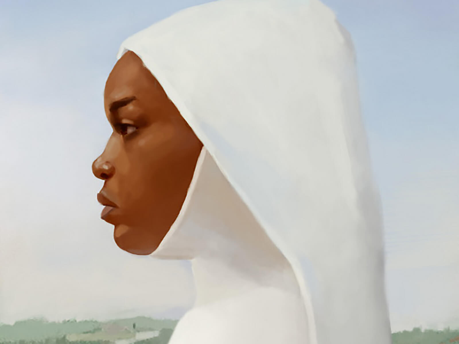 Traditional painting portrait of a woman in a white nun-like outfit in profile