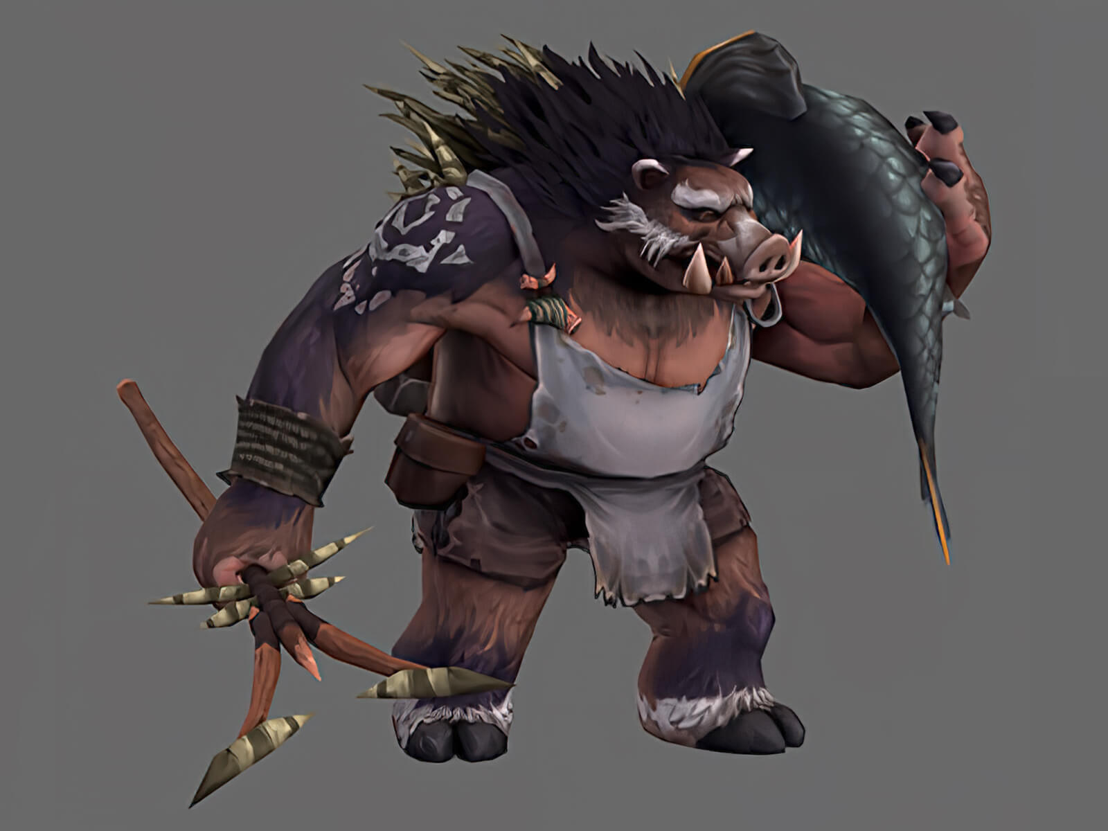 A 3D turnaround of a boar character holding a large fish and a spear.