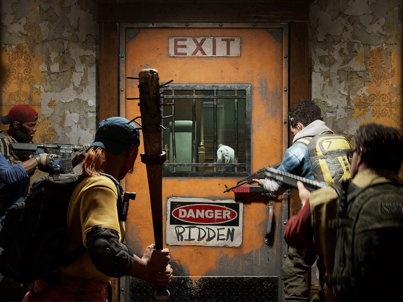 Four armed survivors approach an exit door.