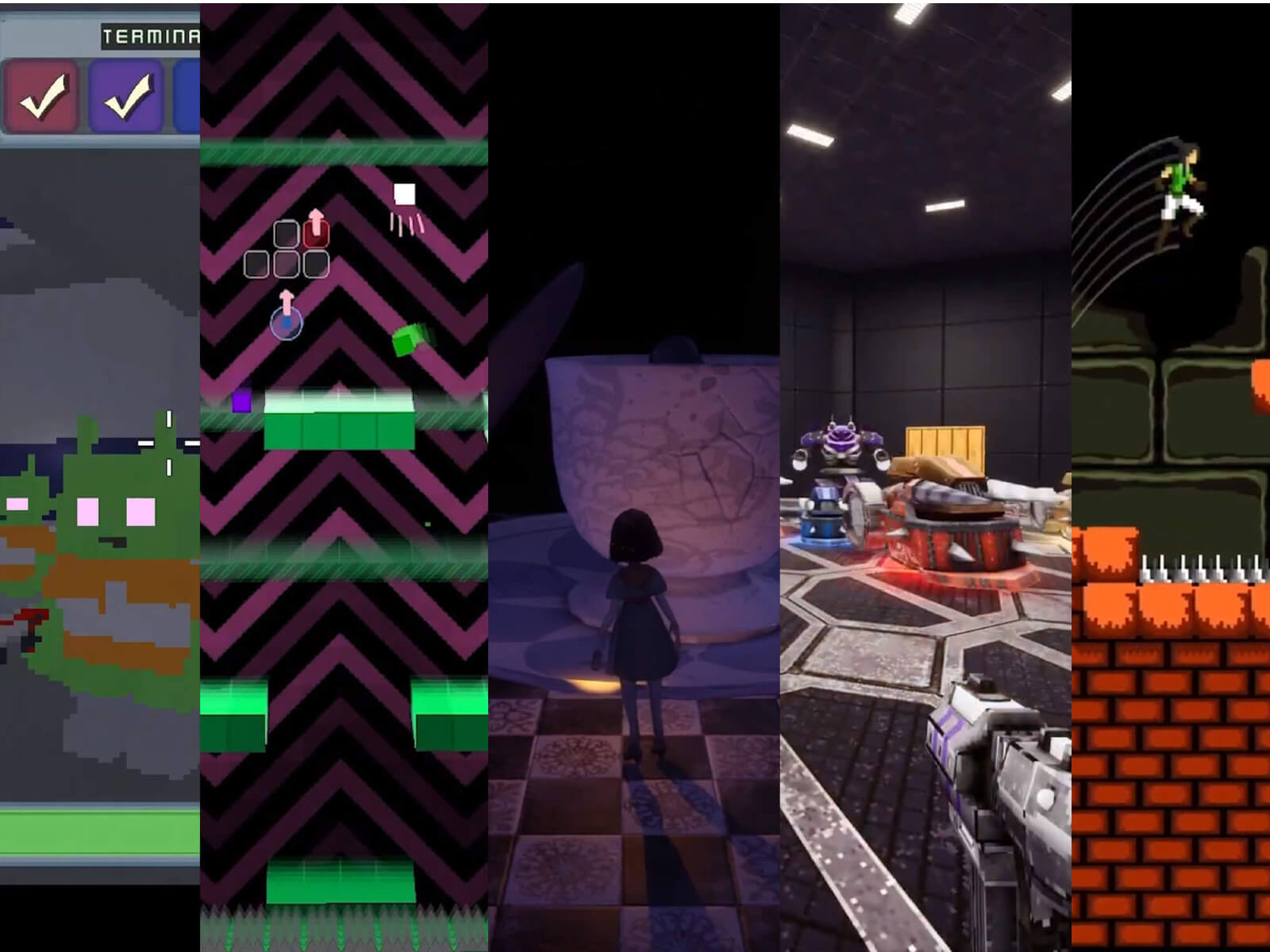 Collage of images from game screenshots, including a dragon, porcelein doll, blocks, and aliens.