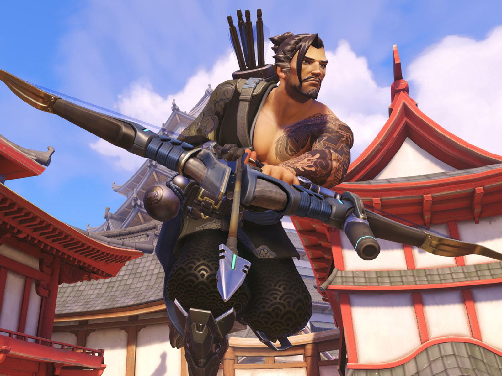 Overwatch character Hanzo wielding his storm bow among several pagodas