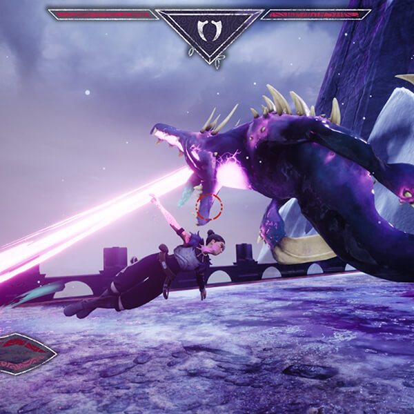 Cyrah dashes past a large spiky enemy shooting a beam from its mouth.