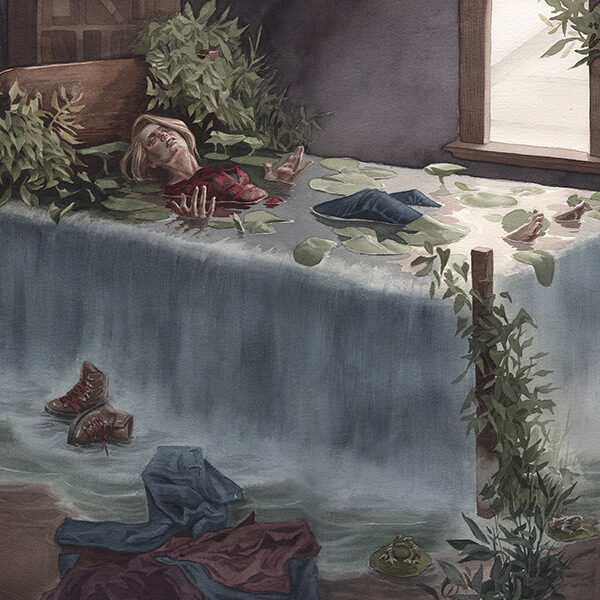 A watercolor painting of a woman laying partially submerged in an overflowing basin of water.