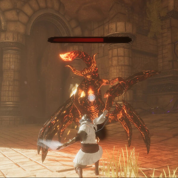 A screenshot from DigiPen student game Metamorphos depicting the hero confronting a large fiery scorpion boss in a stone temple. 