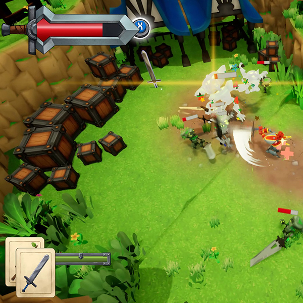 A knight swipes at enemies in DigiPen student game Excalibots.