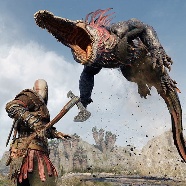 Kratos readies his axe as an enemy beast attacks him