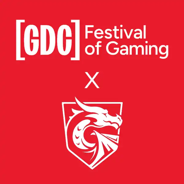 The GDC 2026 logo and DigiPen Dragon logo on a red background.