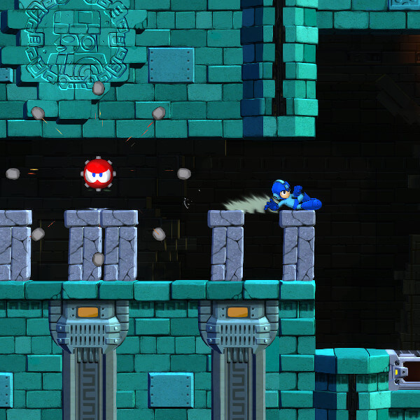 Mega Man 11 screenshot: Blue robot slides across a stone platform