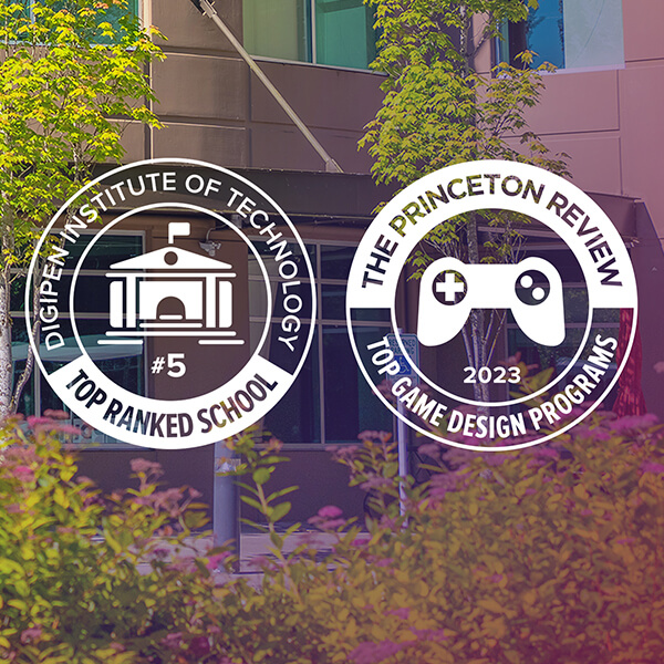 An exterior shot of DigiPen’s main building overlaid with badges displaying its 2023 Princeton Review ranking. 