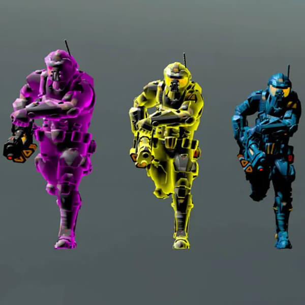 A demonstration of different Unity Shader Graph effects applied to the same sci-fi character model. 