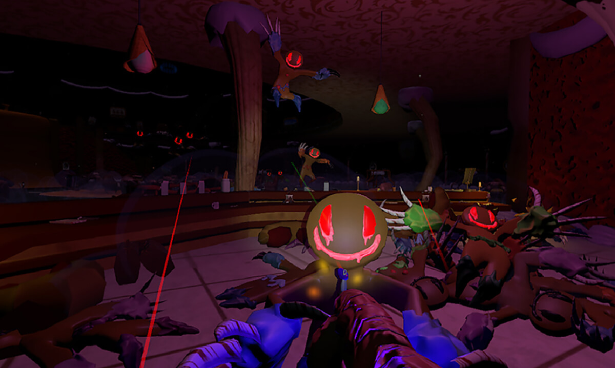 Evil gingerbread men coming out of the darkness in a screenshot from DigiPen student game Night of the Living Bread