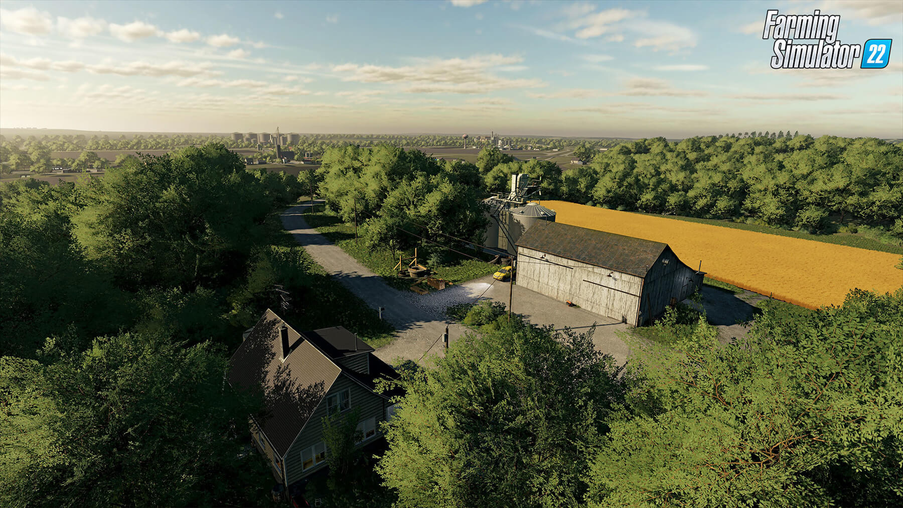 Aerial view of in-game farm in Farming Simulator 22