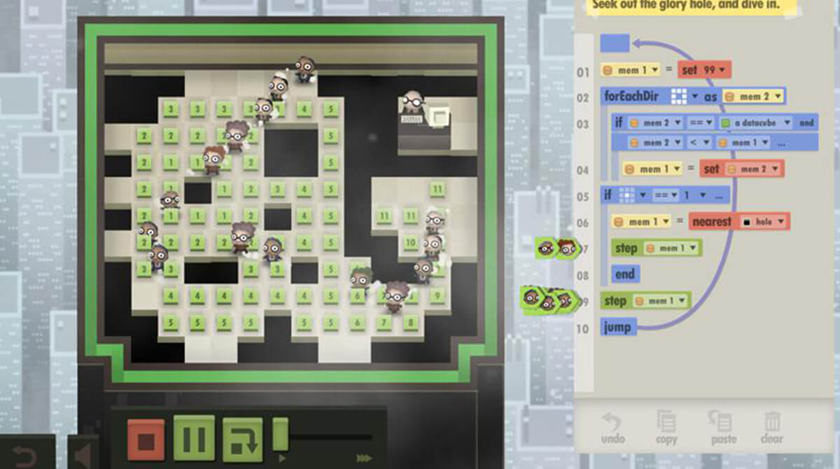 A screenshot from the game 7 Billion Humans depicting a group of office workers standing by numbers, with a programming console to the right.