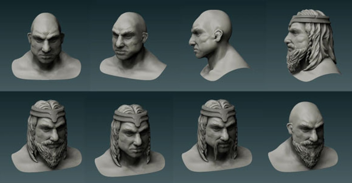 Computer models of a dwarf head with various facial hair configurations