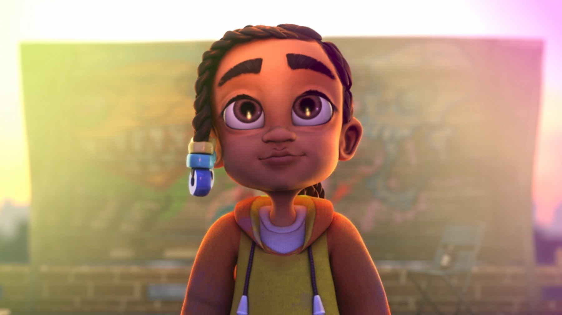 In a still from DigiPen student animation Adija, the title character looks at her artwork proudly