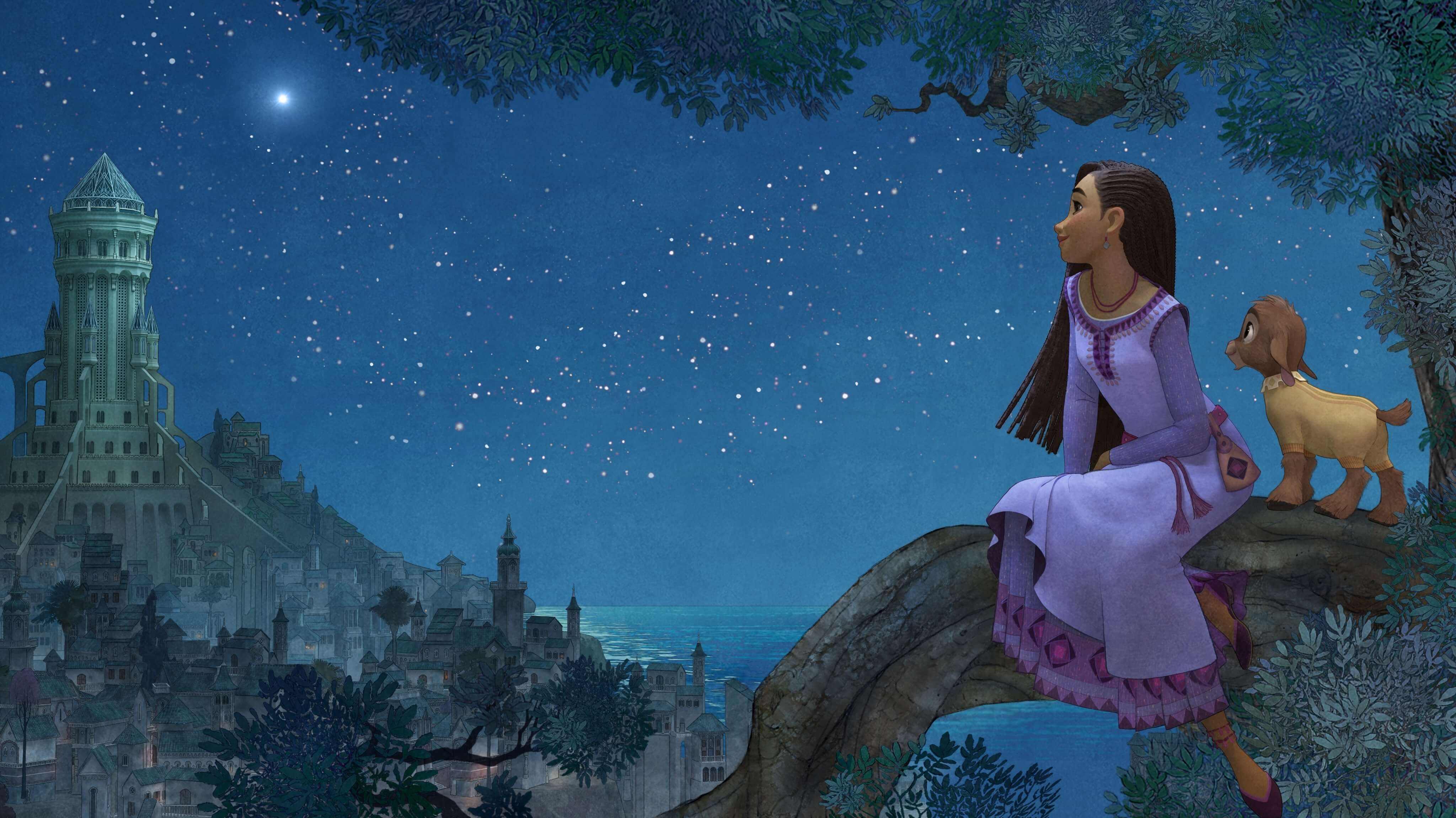 Still image from the film Wish showing a young woman with a baby goat gazing at the night sky.