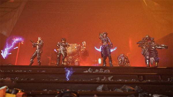 Borderlands 3's four main characters pose in front of electrified rubble. 