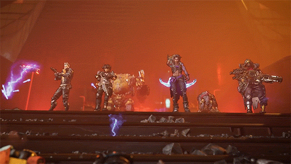 Borderlands 3's four main characters pose in front of electrified rubble.