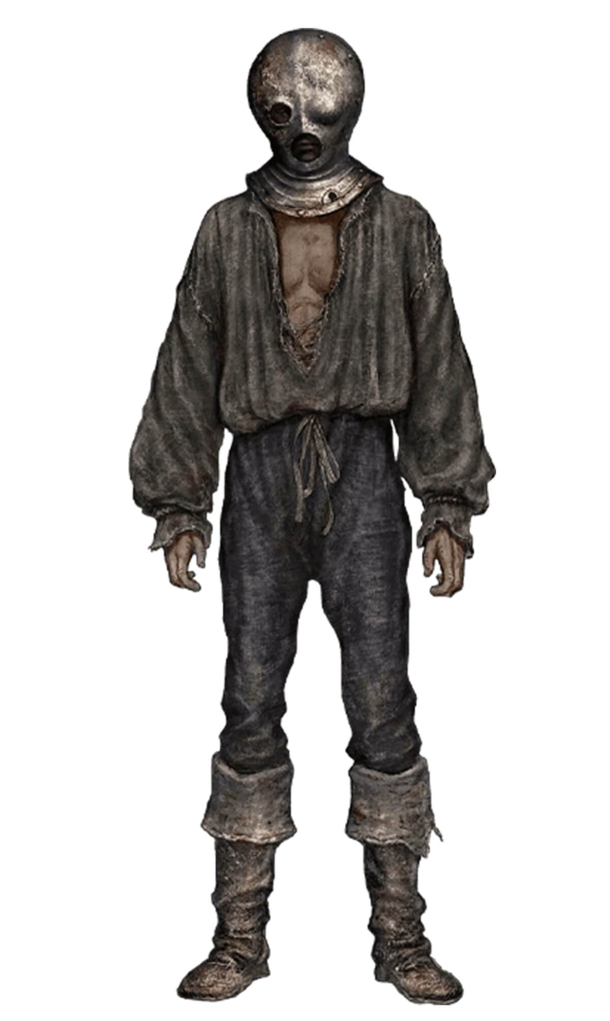 A man in a raggedy blouse, pants, and boots, wearing an iron prison mask.