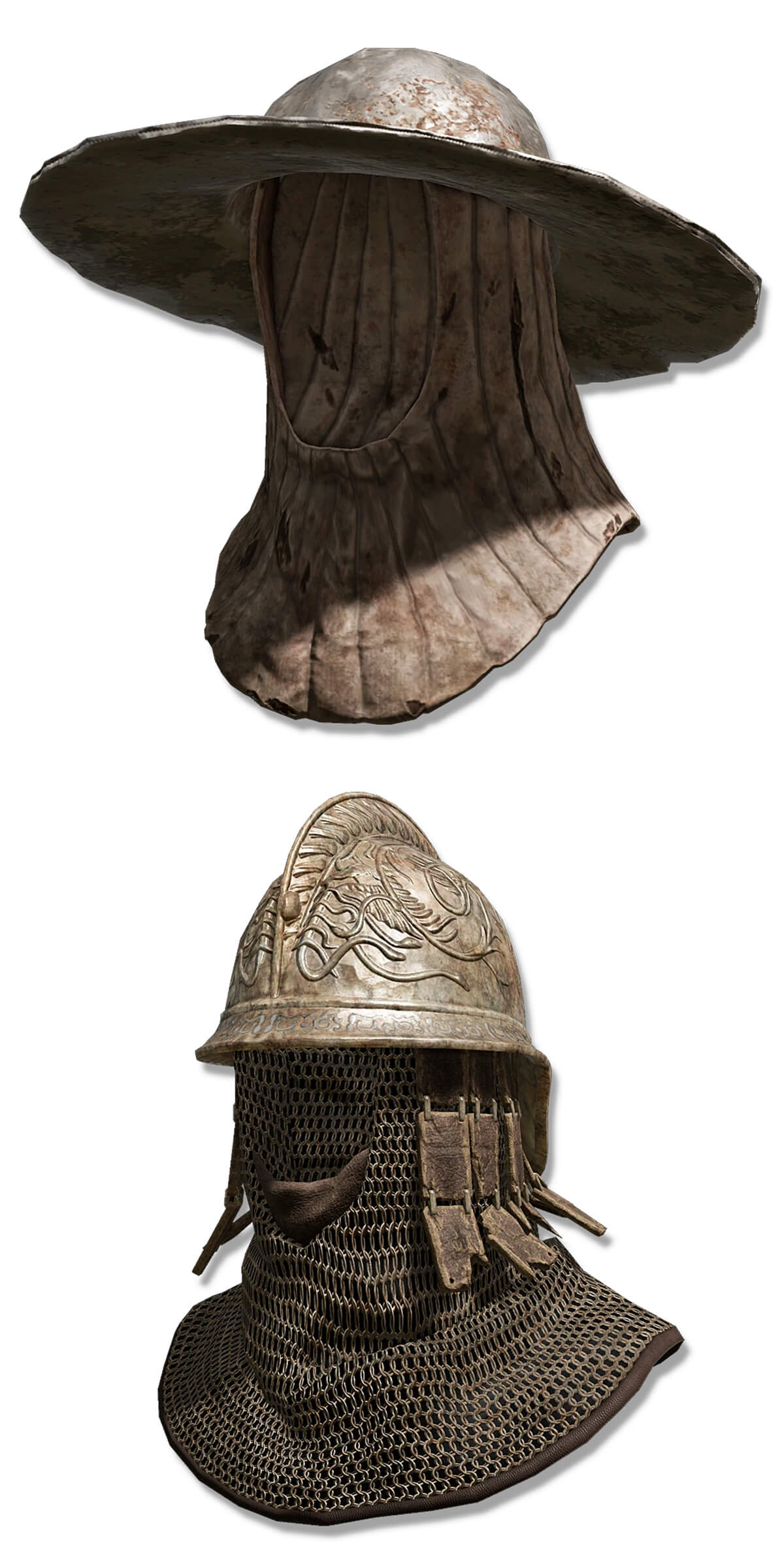 Elden Ring item renders of a large brimmed iron hat, and an ornate helmet on a chainmail hood.