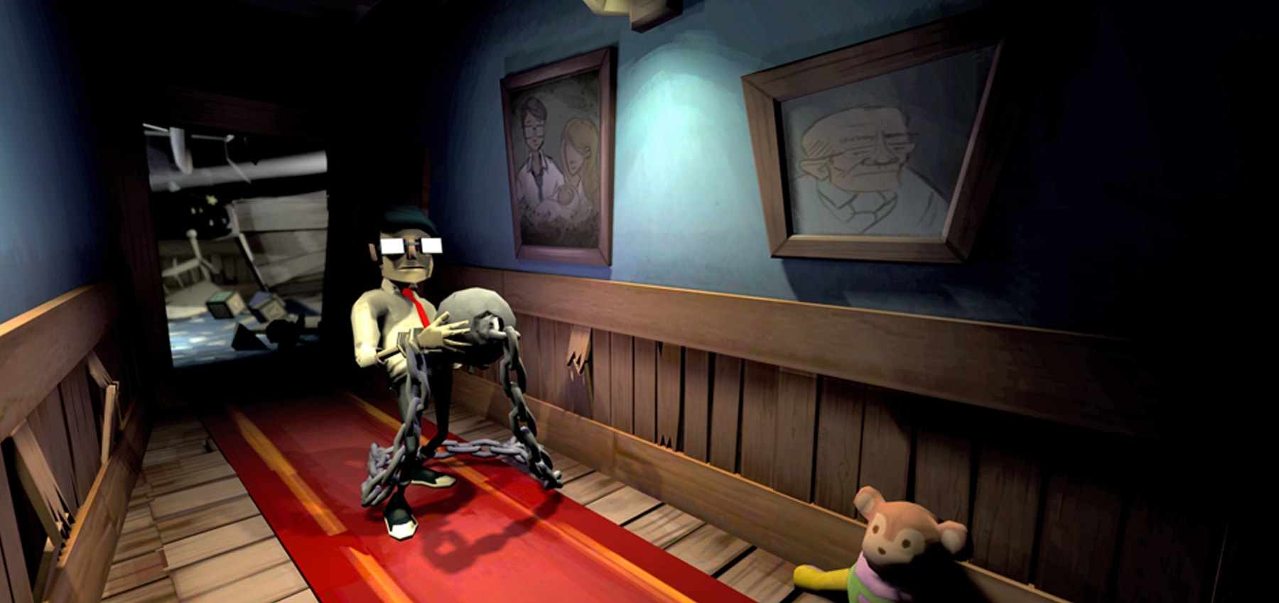 Screenshot of the Chained main character stumbling down a hallway carrying a ball and chain