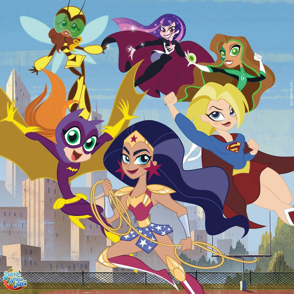 The cartoon cast of DC Super Hero Girls flies in the air together.
